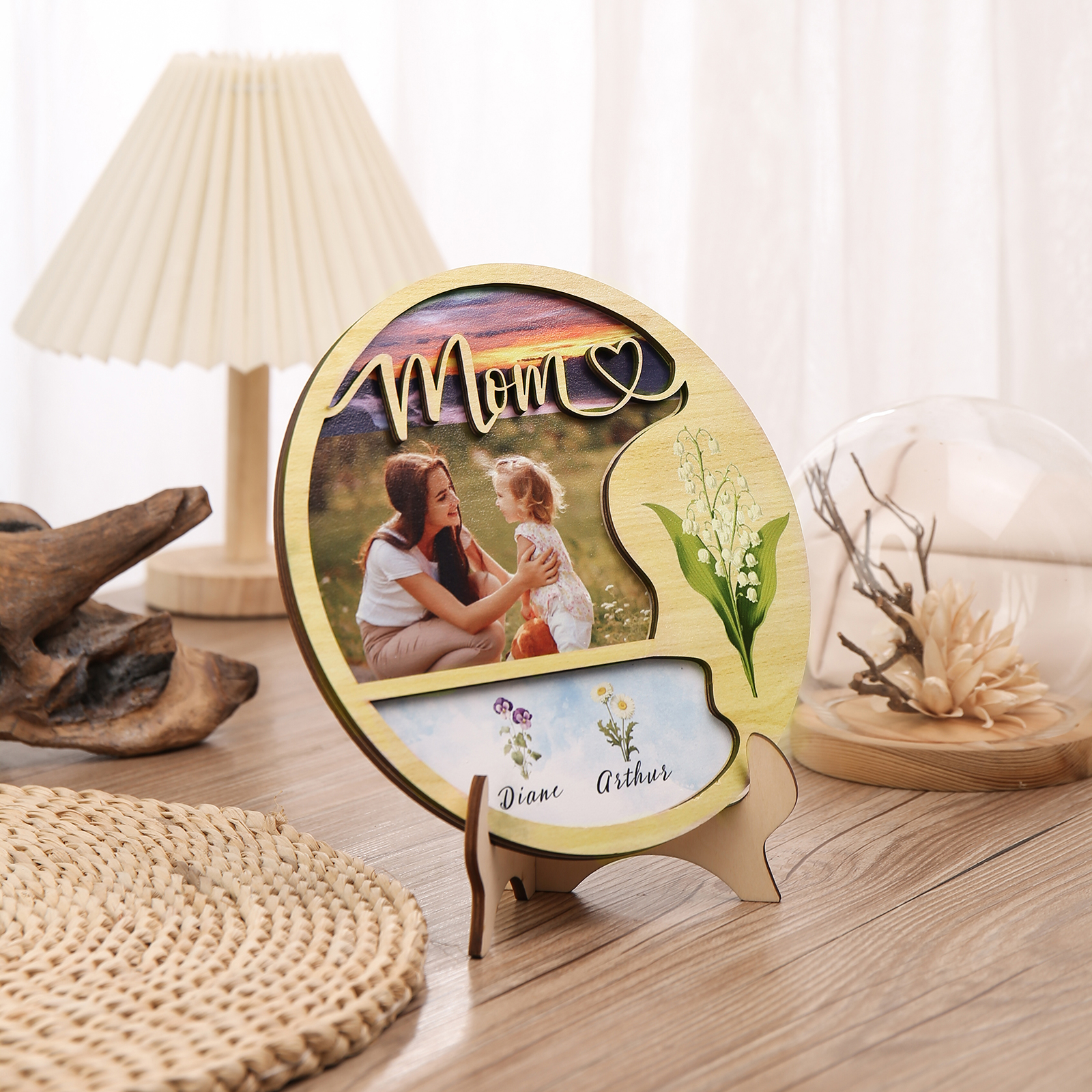 2 Names - Customized Photo Birth Flower Wooden Ornament Decoration for Mom