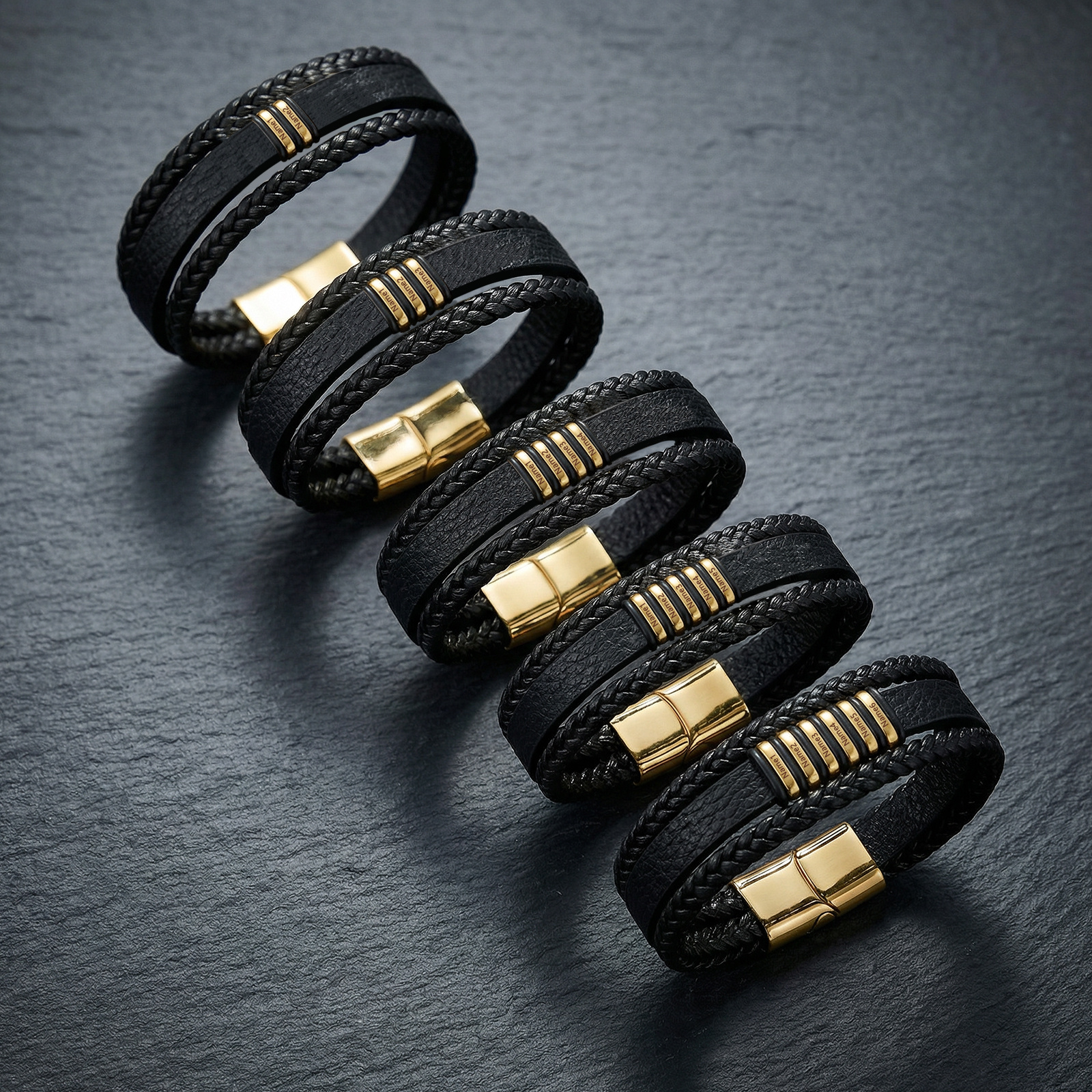 Personalized Braided Leather Bracelet for Men Custom with 2–6 Names Engraved