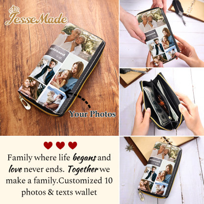 Long Purse Personalized Leather Wallet Engraved 10 Photos Zip Wallet Gifts For Women Men | Jessemade