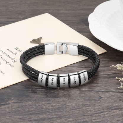 Personalized Braided Leather Bracelet Engraved 5 Names Men's Bracelet Gifts For Him