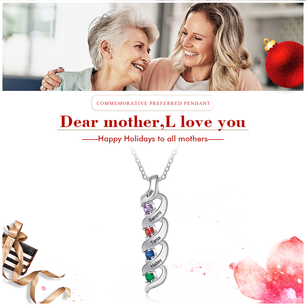 September Birthday Gift Personalized Necklace Cascading Pendant with 4 Birthstones Engraving 4 Names Gifts for Her