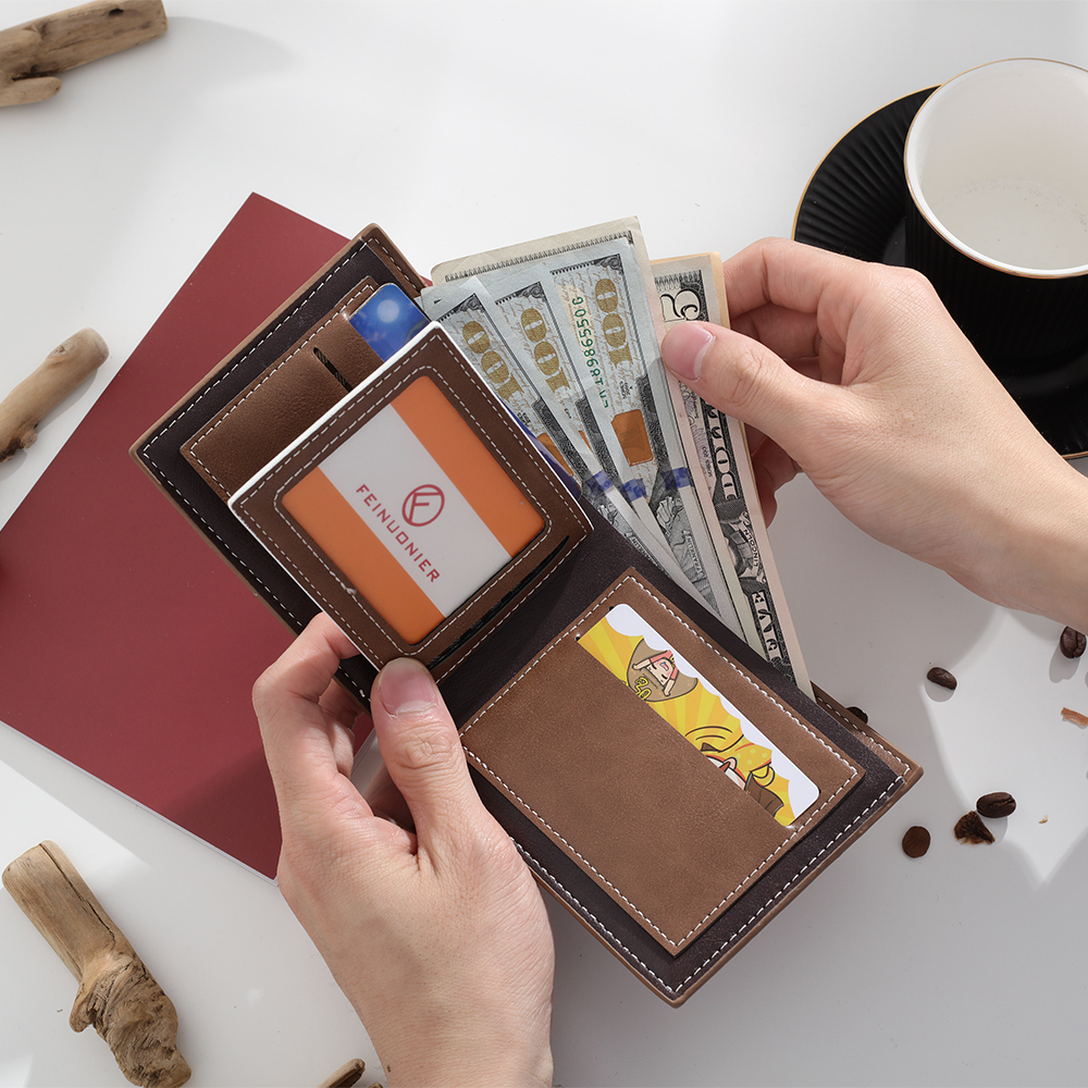 Brown Personalized Leather Wallet Engraved Photo Short Purse Folding Wallet Gifts For Men