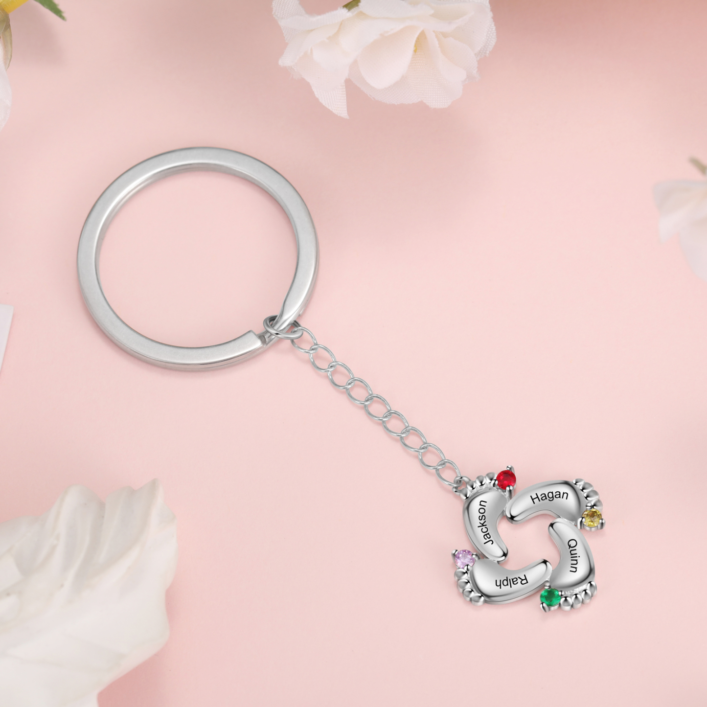 Personalized Baby Feet Keychain With 4 Birthstones Engraved names Keychain Gifts For Mother