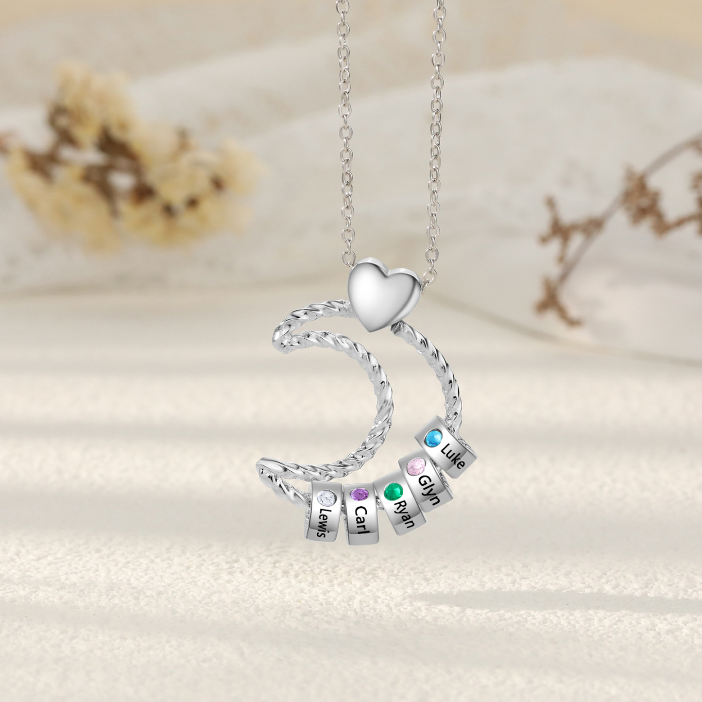 5 Names - Personalized Moon Pendant Necklace Custom Birthstones & Names Necklace Gift for Her | Jessemade