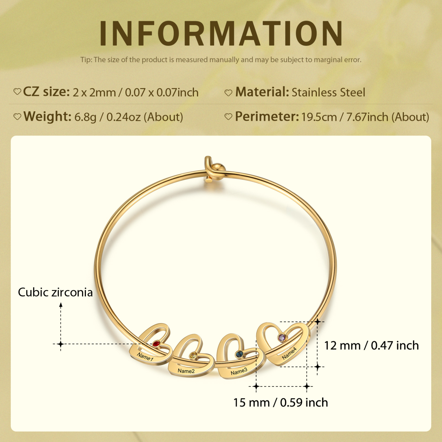 Personalized Heart Bangle With 4 Names and Birthstones Bangle Bracelet Mother's Day Gifts For women