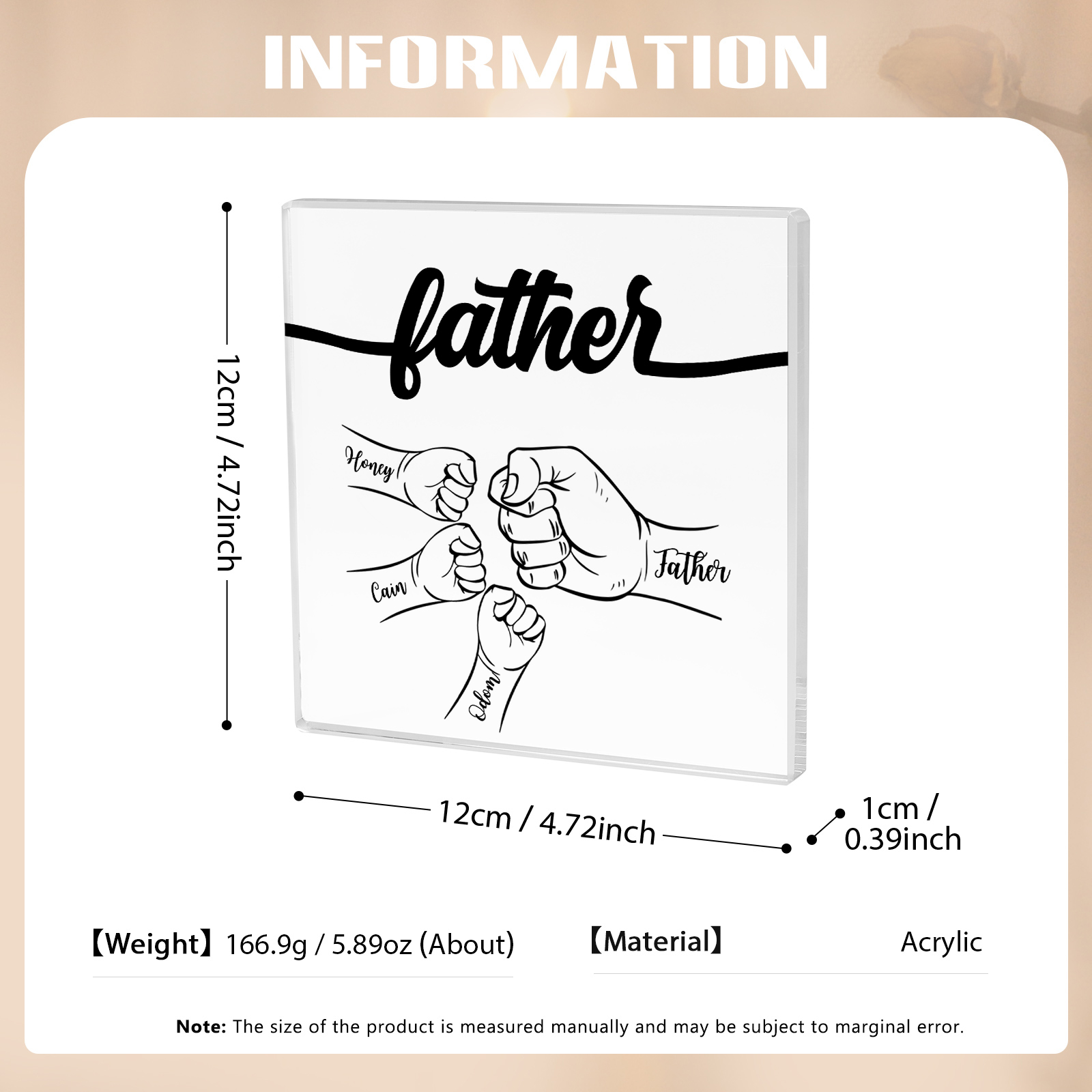 4 Names - Personalized Fist Acrylic  Keepsake Custom Text Acrylic Plaque Ornament Gift for Dad