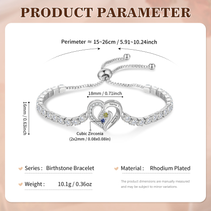 Personalized Diamond Heart Birthstone Tennis Bracelet with 2–5 Custom Names