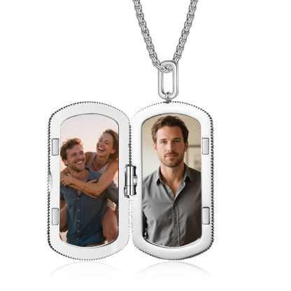 Personalized Dog Tag Locket Necklace for Men with Engraving and 2 Photos