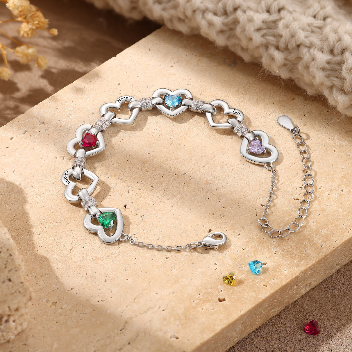 Personalized Linked Hearts Birthstone Bracelet with 1–4 Engraved Names
