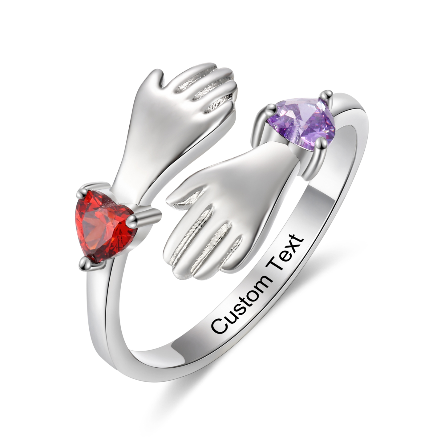 Personalized Hug Hands Ring with Heart Birthstones