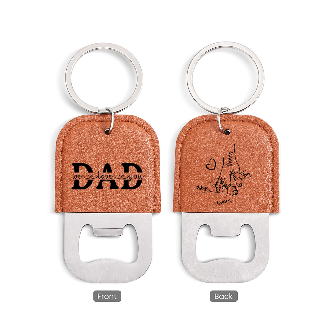 Personalized Leather Keychain For Dad With Bottle Opener Custom with 2-6 Names Hand In Hand Design