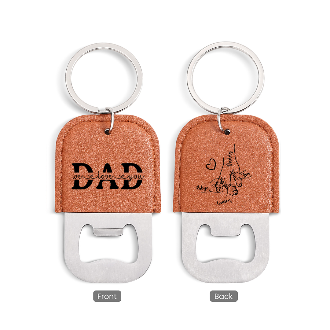 Personalized Leather Keychain For Dad With Bottle Opener Custom with 2-6 Names Hand In Hand Design