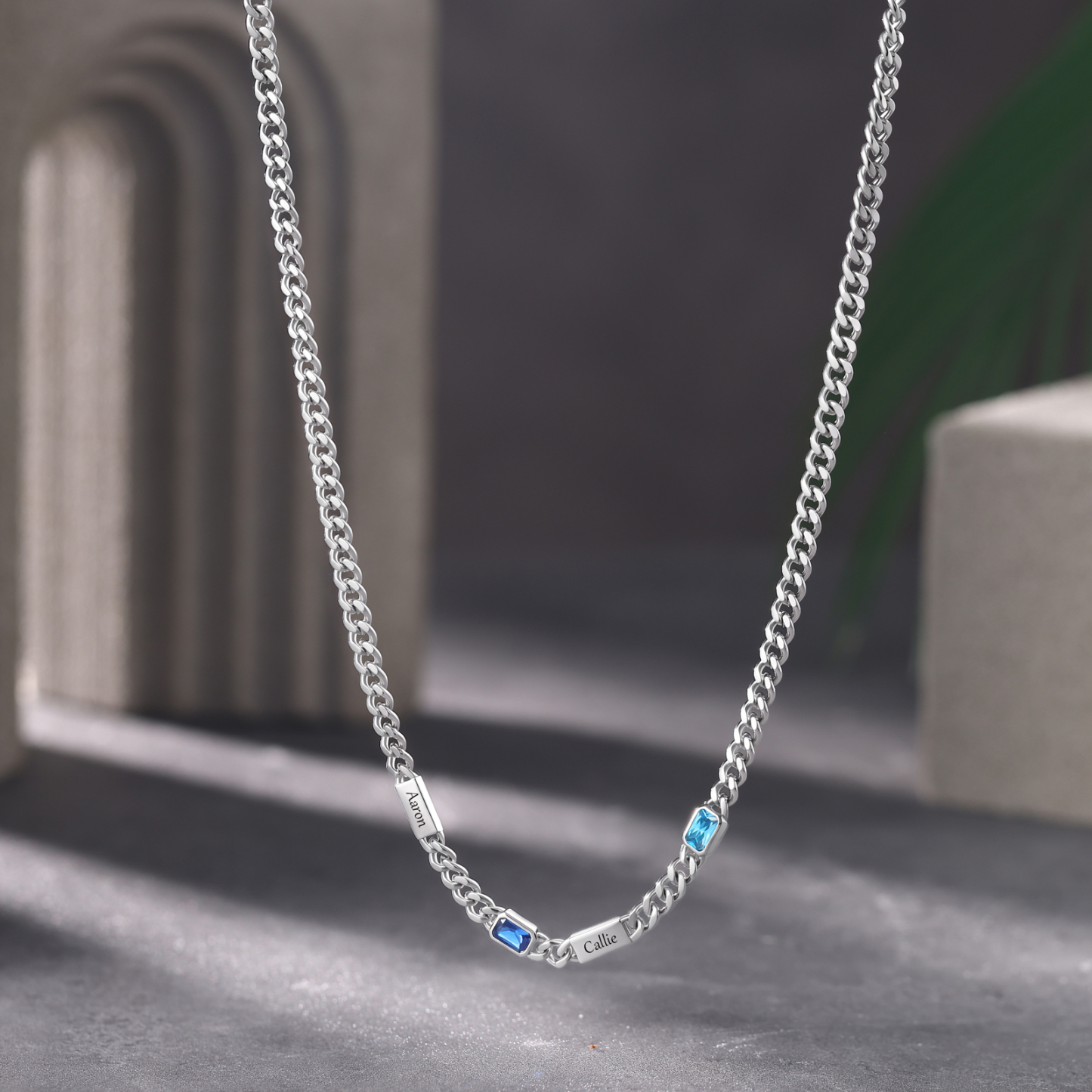 Personalized Cuban Chain Men Necklace Custom With 1-6 Names And Birthstones Gift For Dad Or Husband