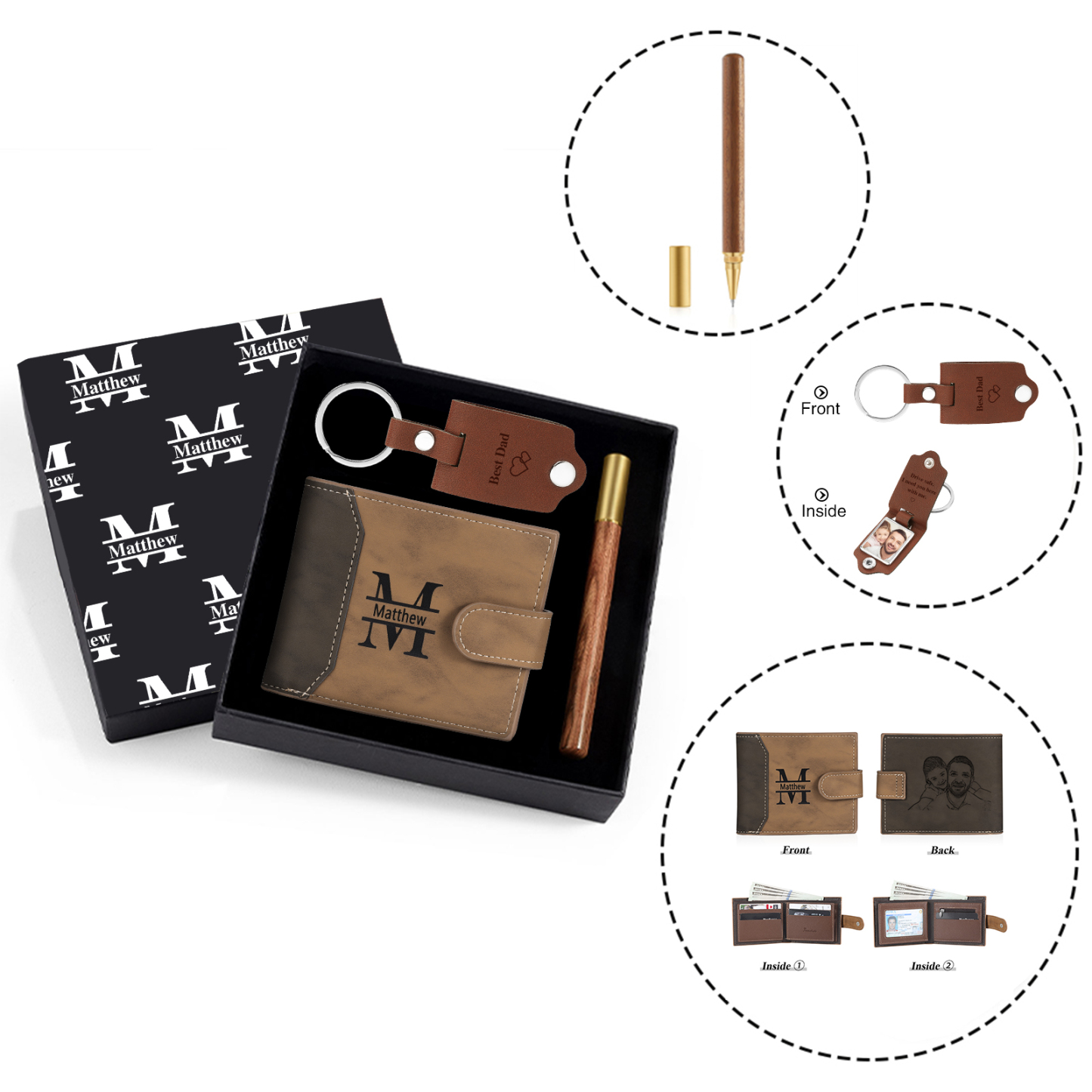 Personalized Leather Wallet Gift Box Set with Keychain Customizable Photo,Text ,Name and Letter Wallet Gift for Him