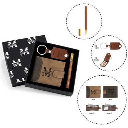 Personalized Leather Wallet Gift Box Set with Keychain Customizable Photo,Text ,Name and Letter Wallet Gift for Him