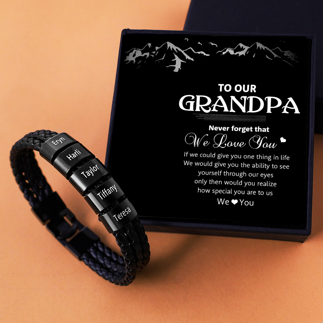 Personalized Braided Leather Bracelet Engraved 5 Names Men's Bracelet Gifts For Him