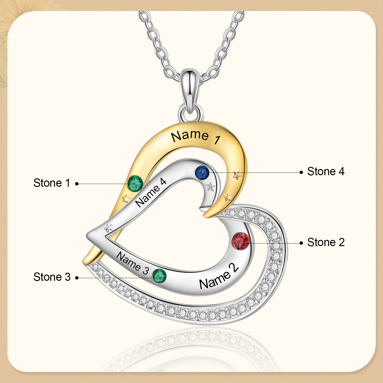 4 Names - Personalized Love Necklace with Customized Name and Birthstone, A Special Gift for Her