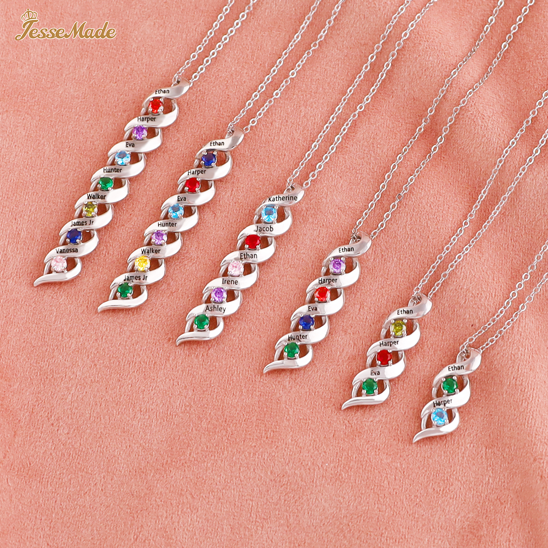 1-10 Names-Personalized Birthstones Necklace Set With Rose Gift Box-Custom Cascading Pendant Necklace Engraving 3 Names Gifts for Her