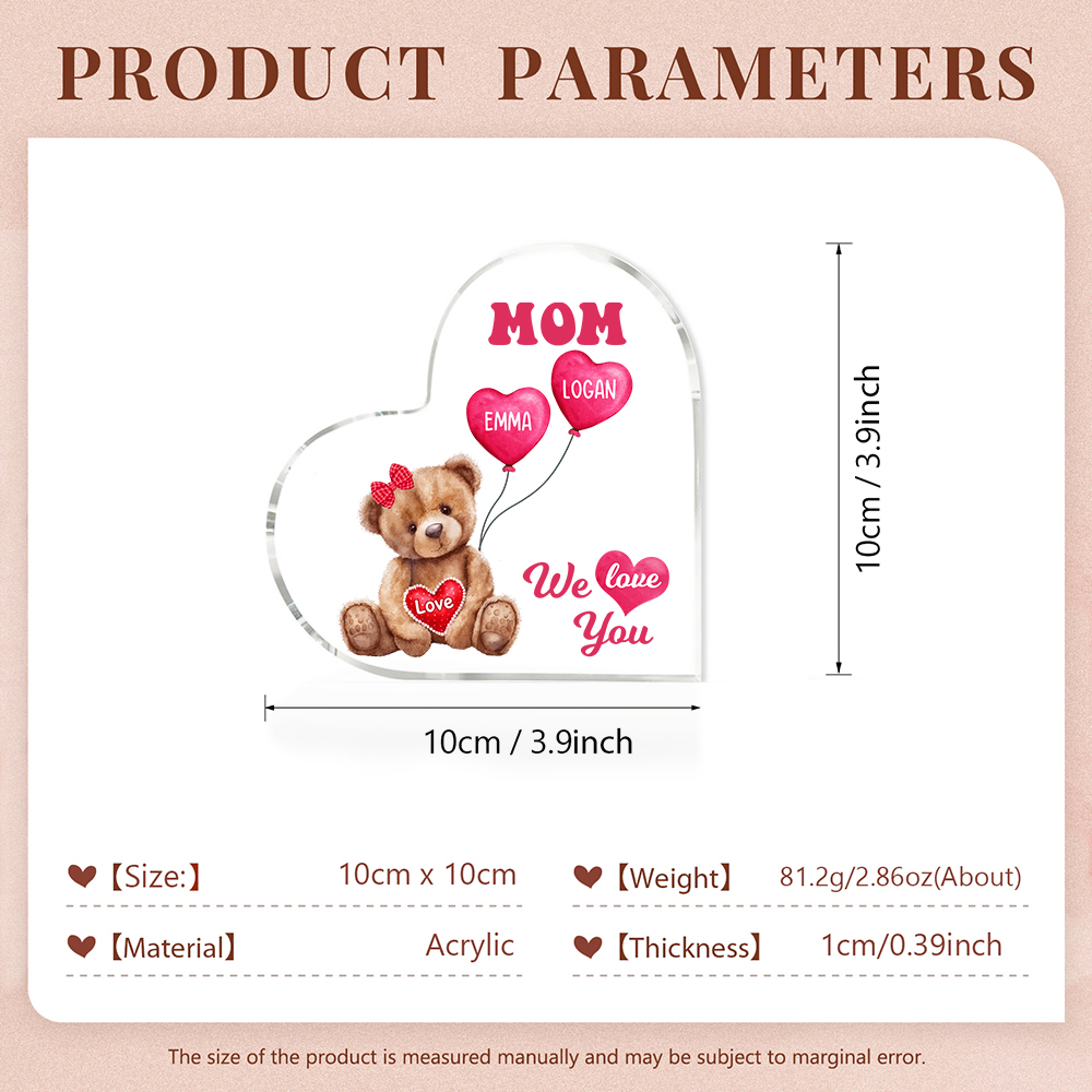 2 Names-Personalized Bear Acrylic Heart Keepsake Custom Text Acrylic Plaque Ornaments Gifts for Mom