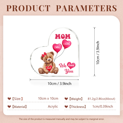 2 Names-Personalized Bear Acrylic Heart Keepsake Custom Text Acrylic Plaque Ornaments Gifts for Mom