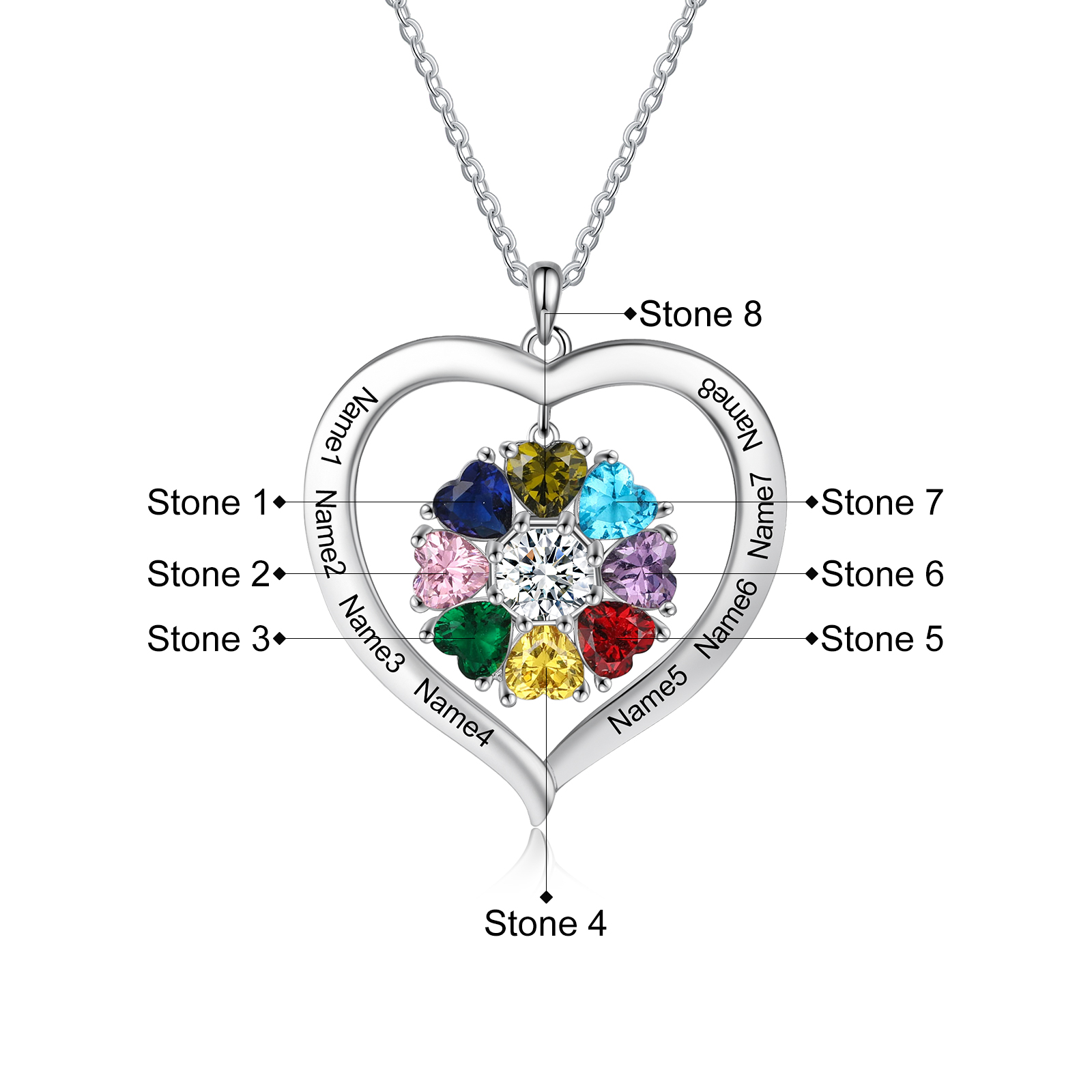 Personalized Heart Pendant Necklace with 8 Birthstones Engraved Names Family Necklace Gifts for Her