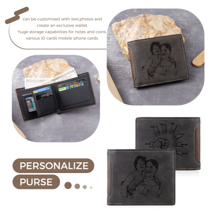 7 Names - Personalized Photo Custom Leather Men's Folding Wallet as a Father's Day Gift for Dad