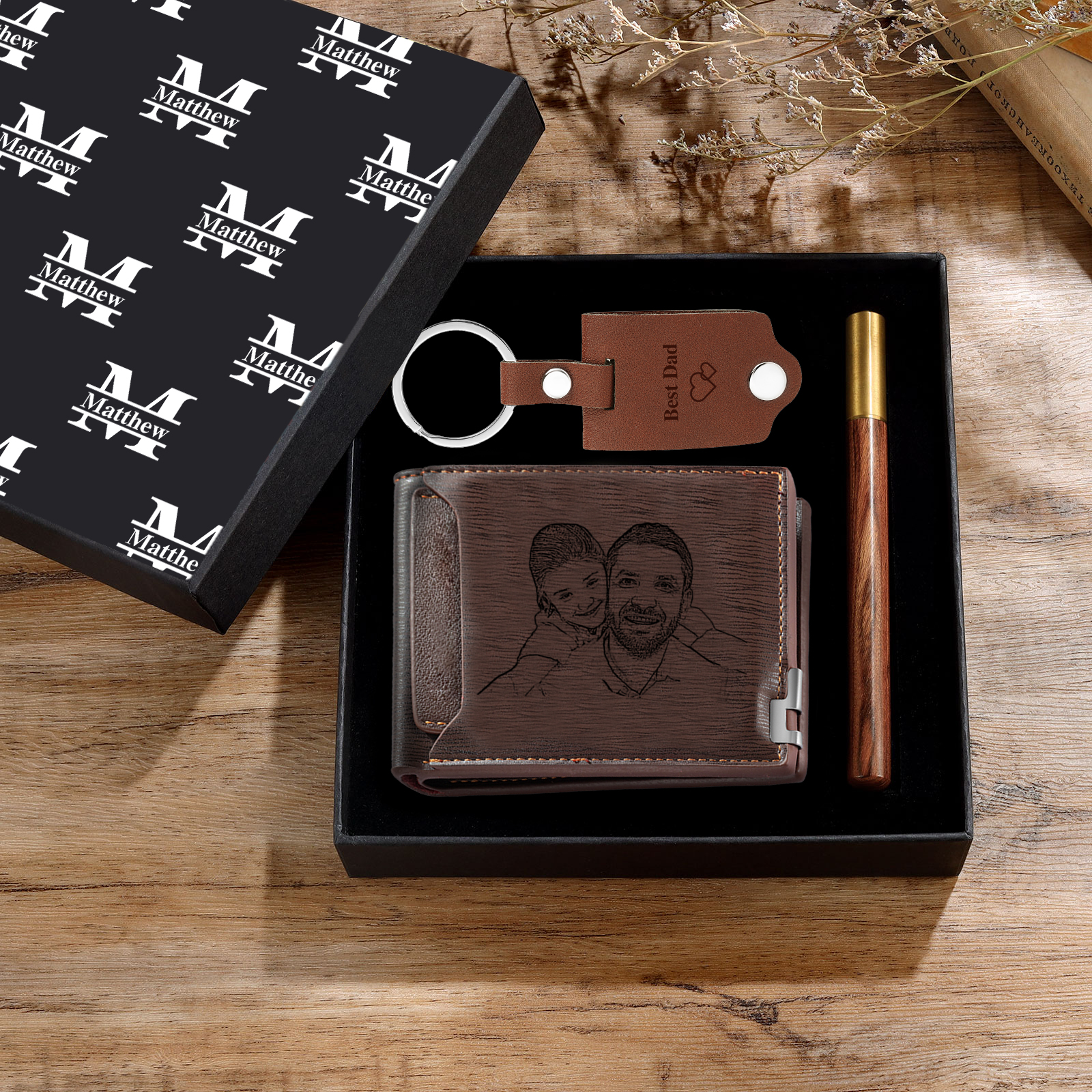 Personalized Leather Wallet Gift Box Set with Keychain Customizable 2 Photo, Name and 3 Text Wallet Gift for Him