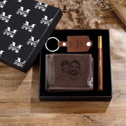 Personalized Leather Wallet Gift Box Set with Keychain Customizable 2 Photo, Name and 3 Text Wallet Gift for Him