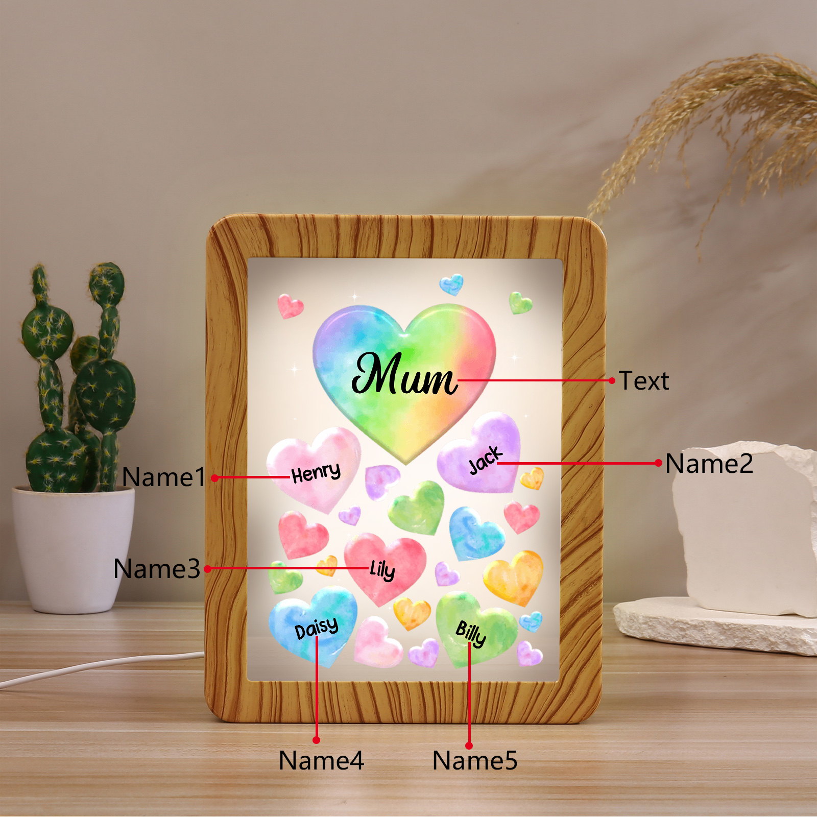 5 Names - Personalized Mom Home Wood Color Plug-in Mirror Photo Frame Custom Text LED Night Light Gift for Mom