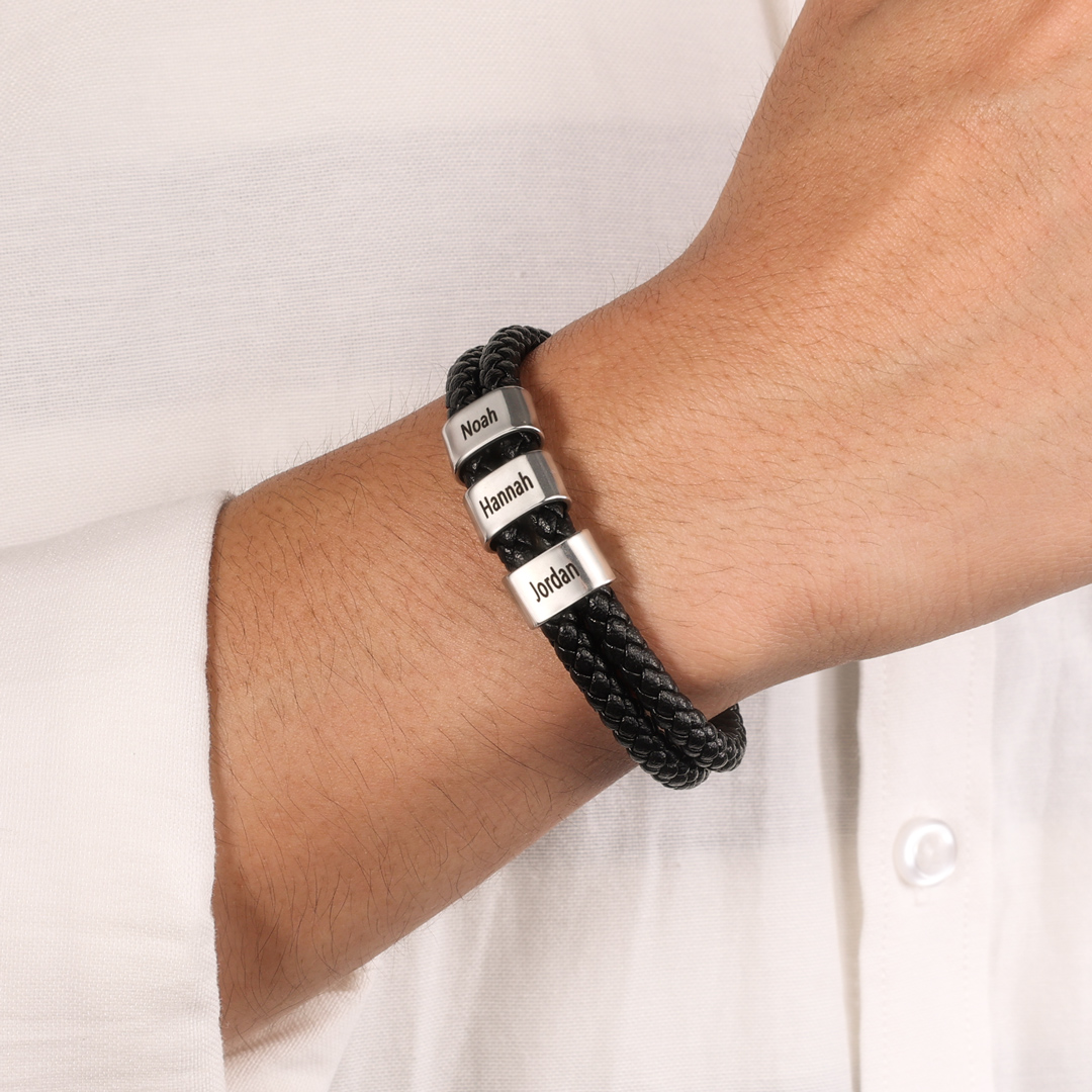 Personalized Men's Bracelet with Custom 2 Names Braided Leather Bracelet Set with Gift Box Valentine’s Day Gift for Him | Jessemade