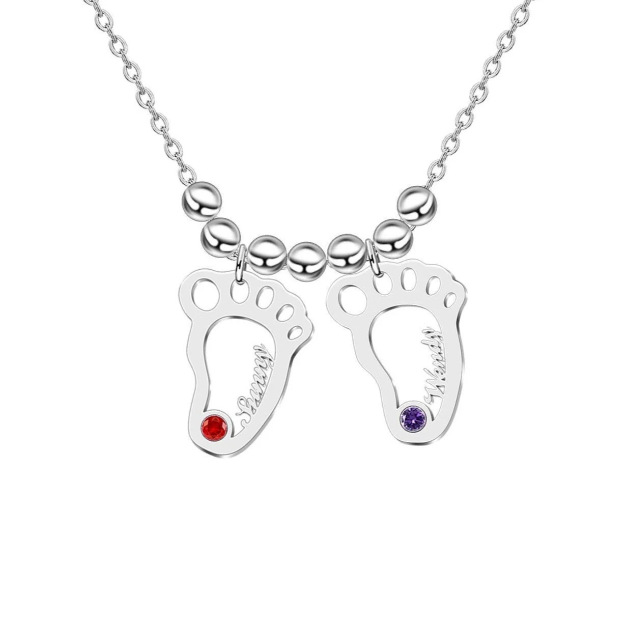 Personalized Baby Foot Engraved 4 Names Birthstones Necklace Gift For Mother