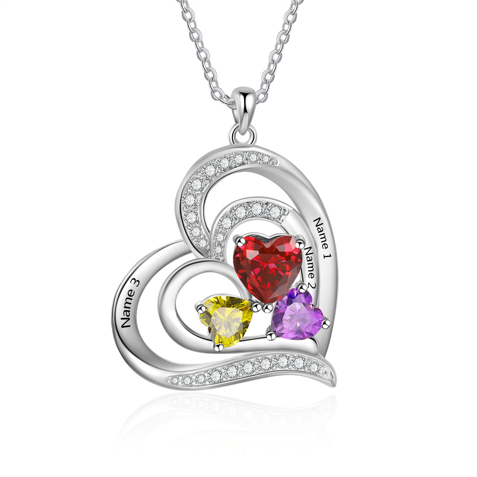 3 Names - Personalized Heart Necklace with Customized Names and Birthstone As Mother's Day Gift for Mom