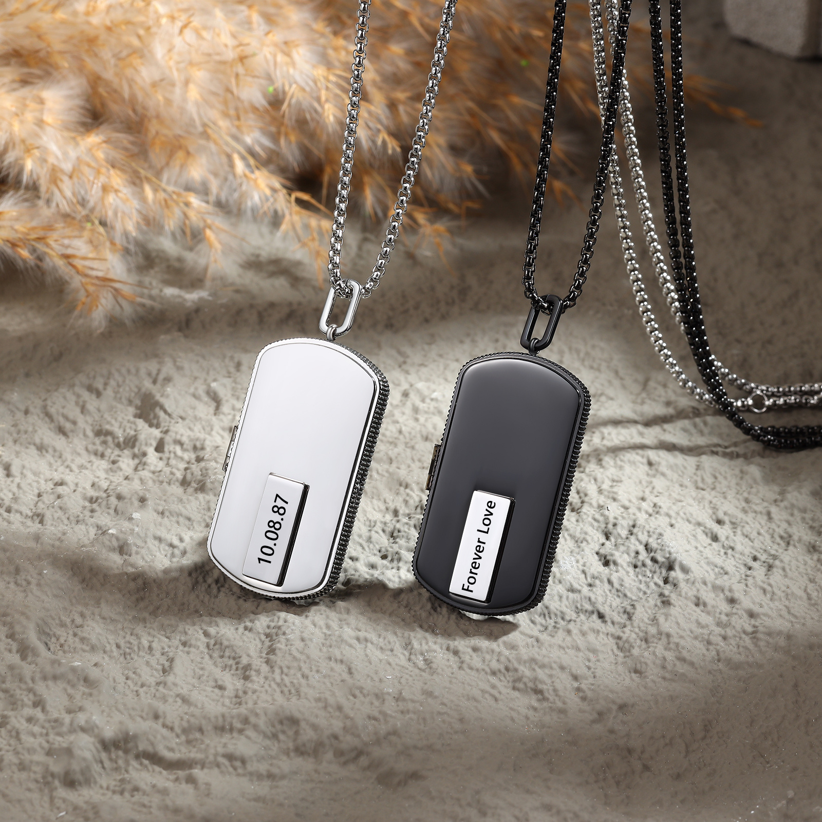 Personalized Dog Tag Locket Necklace for Men with Engraving and 2 Photos