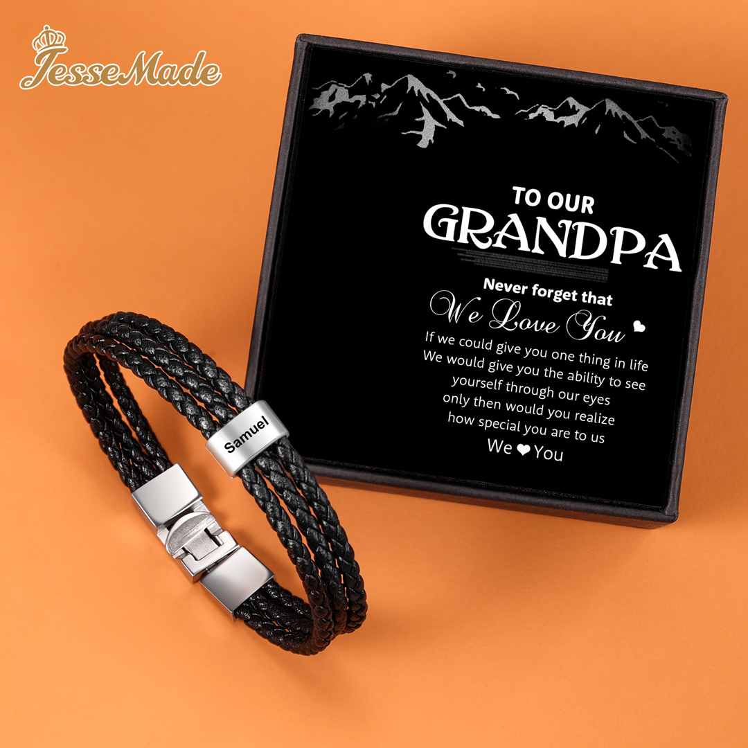 Personalized Braided Leather Bracelet Engraved 1 Name Men's Bracelet Gifts For Him