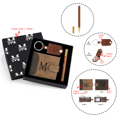 Personalized Leather Wallet Gift Box Set with Keychain Customizable Photo,Text ,Name and Letter Wallet Gift for Him