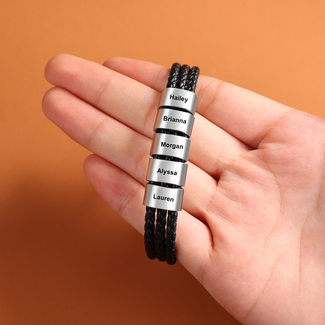 Personalized Braided Leather Bracelet Engraved 5 Names Men's Bracelet Gifts For Him