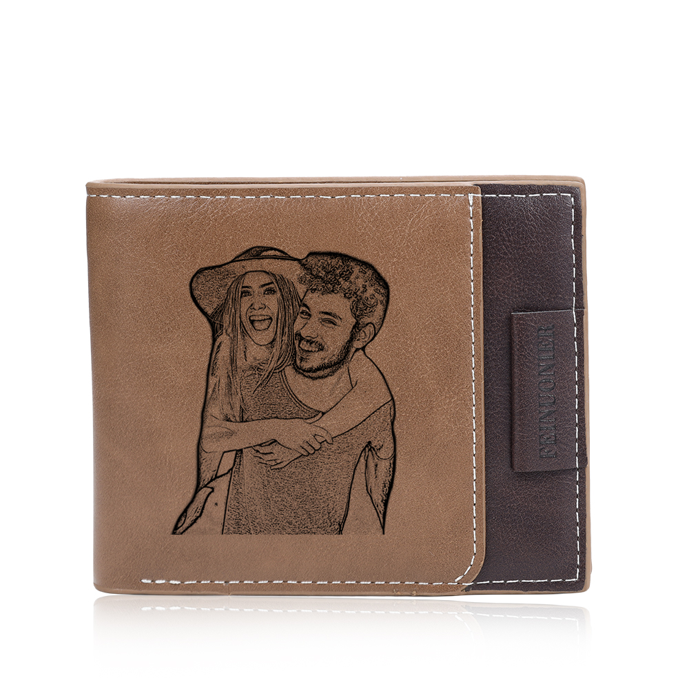 Brown Personalized Leather Wallet Engraved Photo Short Purse Folding Wallet Gifts For Men