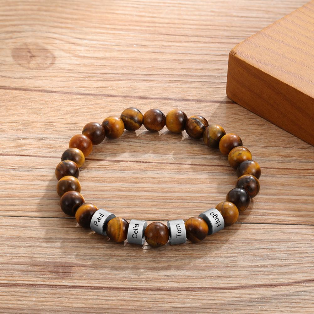 Personalized 4 names Brown Tiger Eye Men's Bracelet Gift For Him
