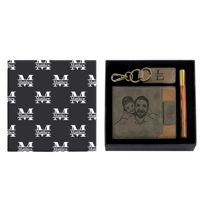 Personalized Leather Wallet Gift Box Set with Letter Name Keychain Customizable Photo Wallet Gift for Him