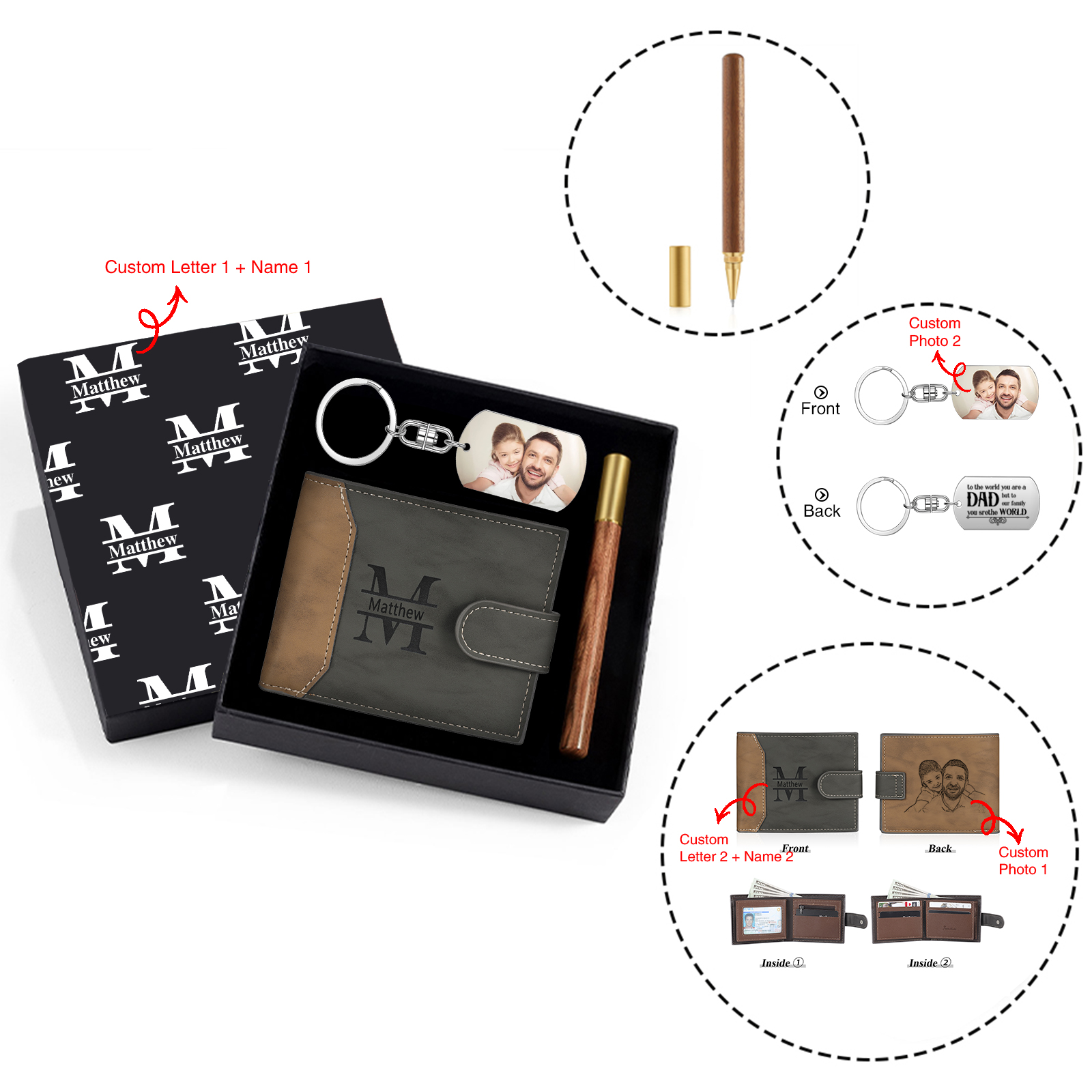 Personalized Leather Wallet Gift Box Set with Keychain Customizable Photo Letter and Name Wallet Gift for Dad