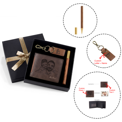 Photo Personalized Leather Wallet Gift Box Set with Keychain Customizable Letter Name Wallet Gift for Him