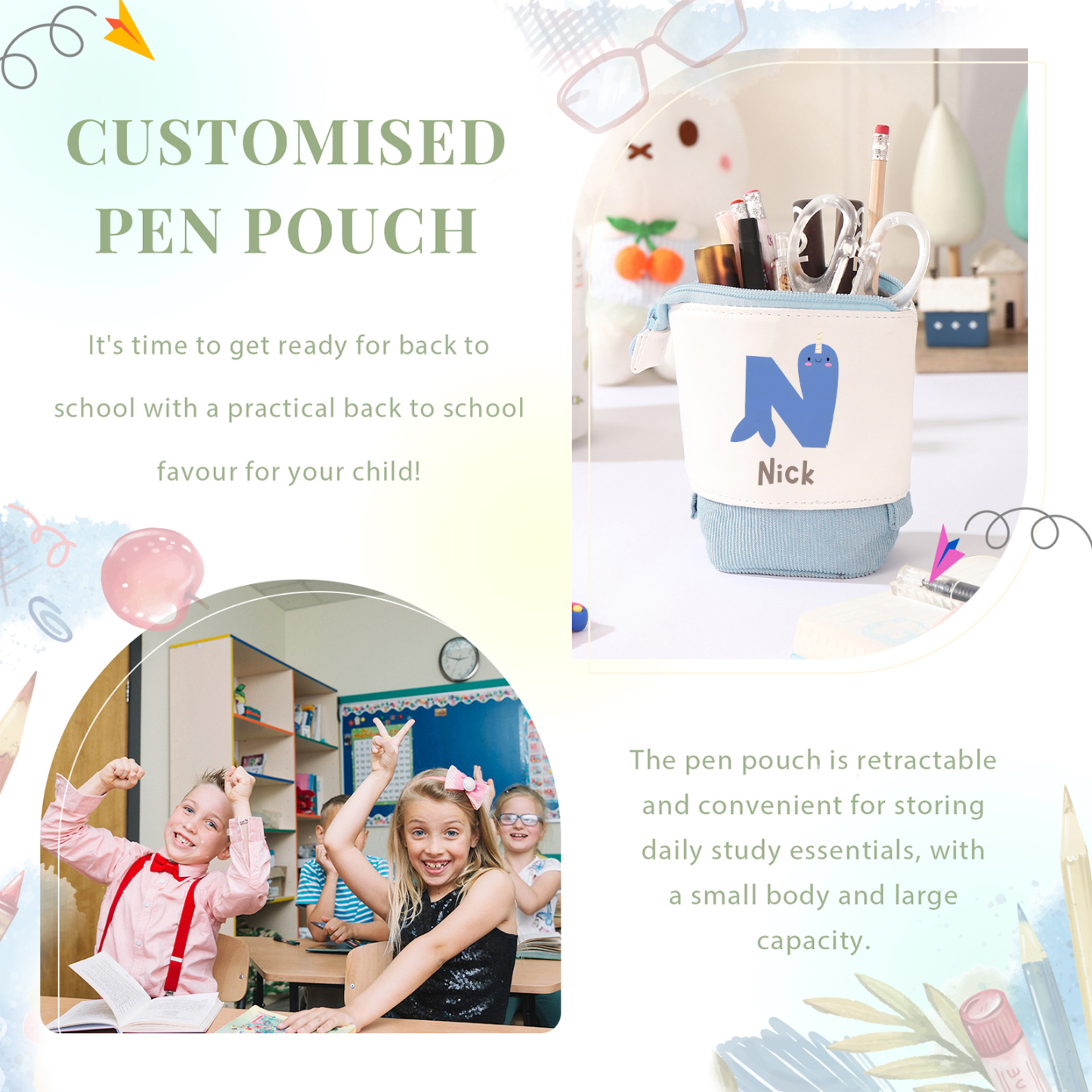 Personalized Pencil Case Custom Name & Letter Animals Pen Pouch Back To School Gift for Kids