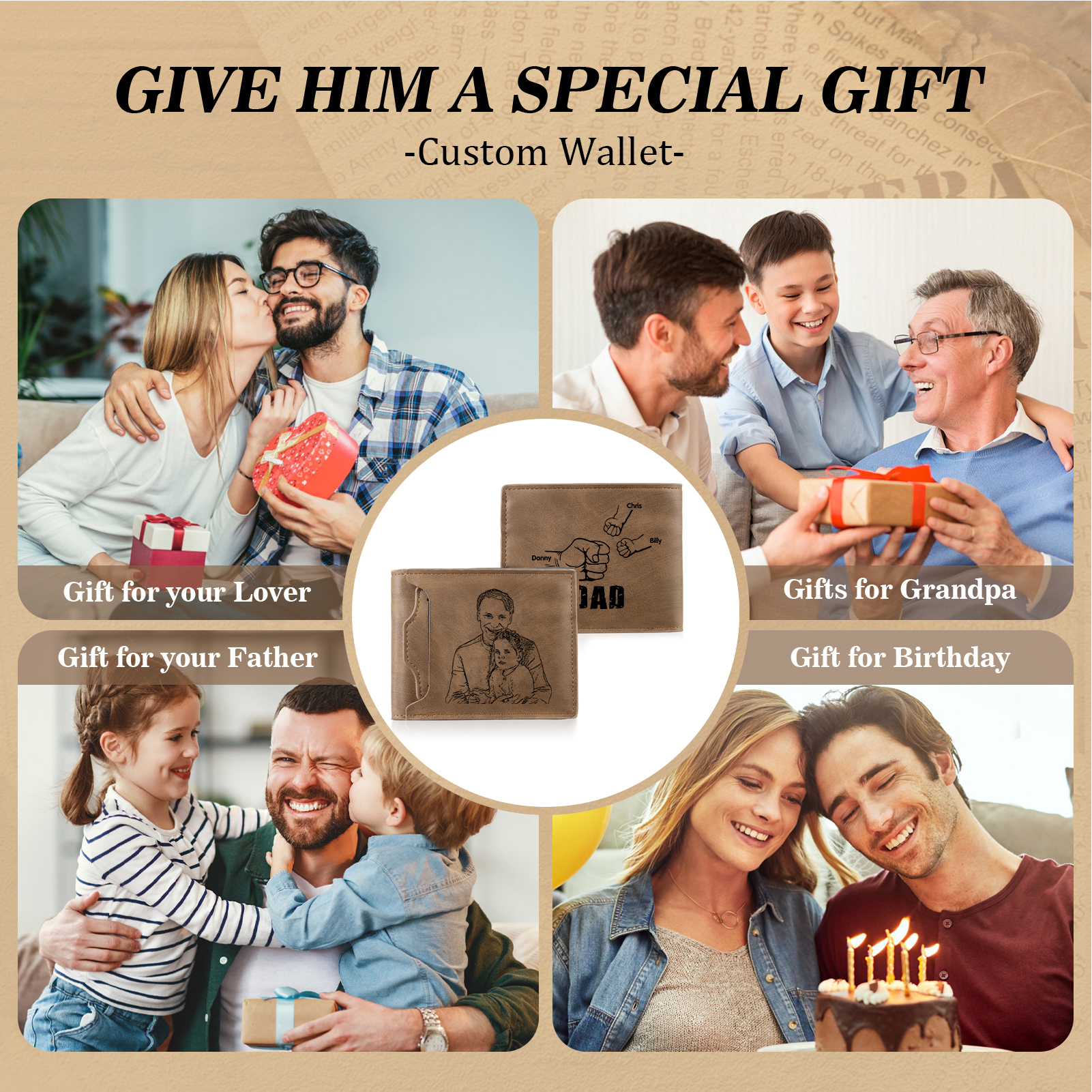 3 Names - Personalized Photo Custom Leather Men's Folding Wallet as a Father's Day Gift for Dad