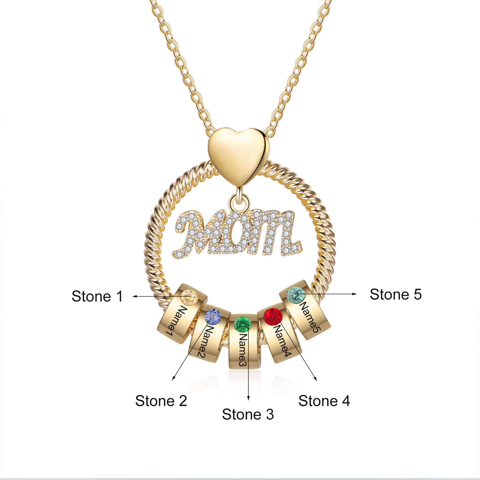 5 Names-Personalized Mom Necklace Set With  Premium Custom Necklace With 5 Birthstones Engraved Names Gift For Mother