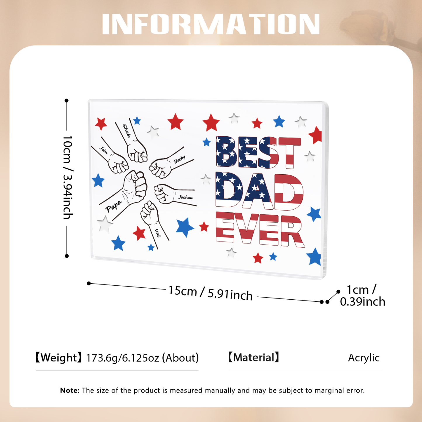 6 Names - Personalized Fist Family Acrylic Keepsake Customized Name Acrylic Home Decor Gift for Dad