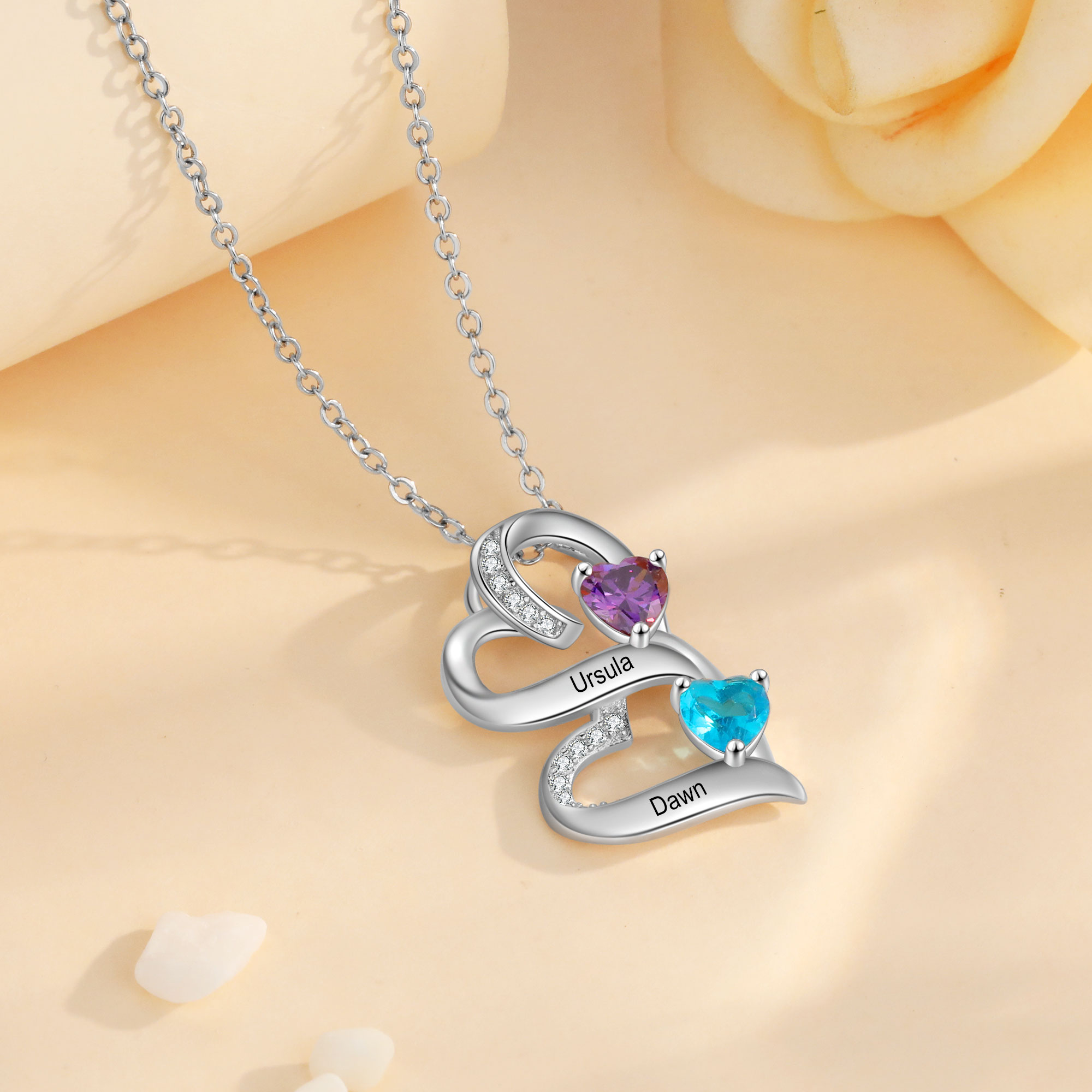 Personalised Heart Necklace with Custom 2 Names & 2 Birthstones – 925 Sterling Silver Double Heart Design – Valentine’s Day Gift for Her | Jessemade