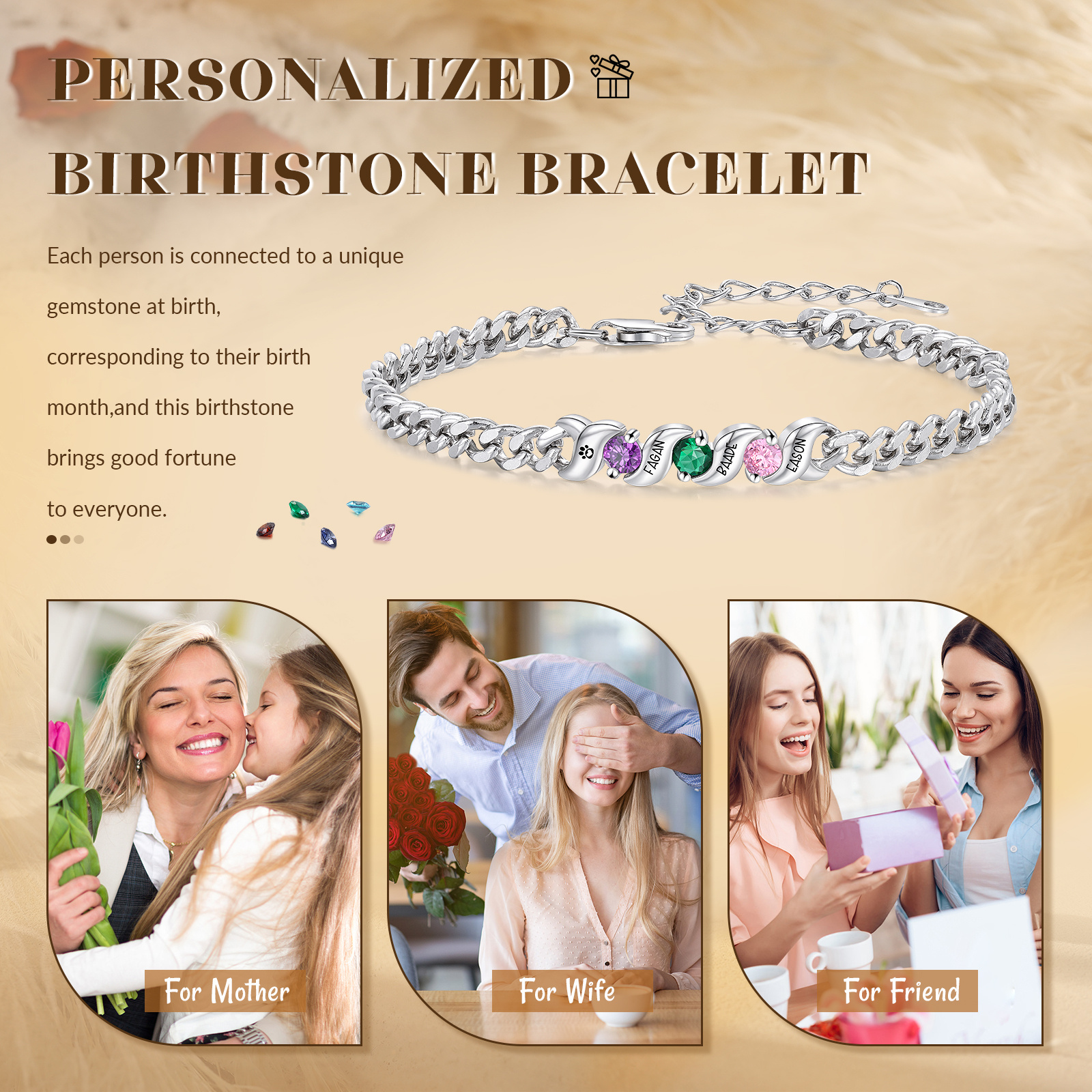 Personalized Cuban Link Bracelet Custom with 1–5 Names and Birthstones