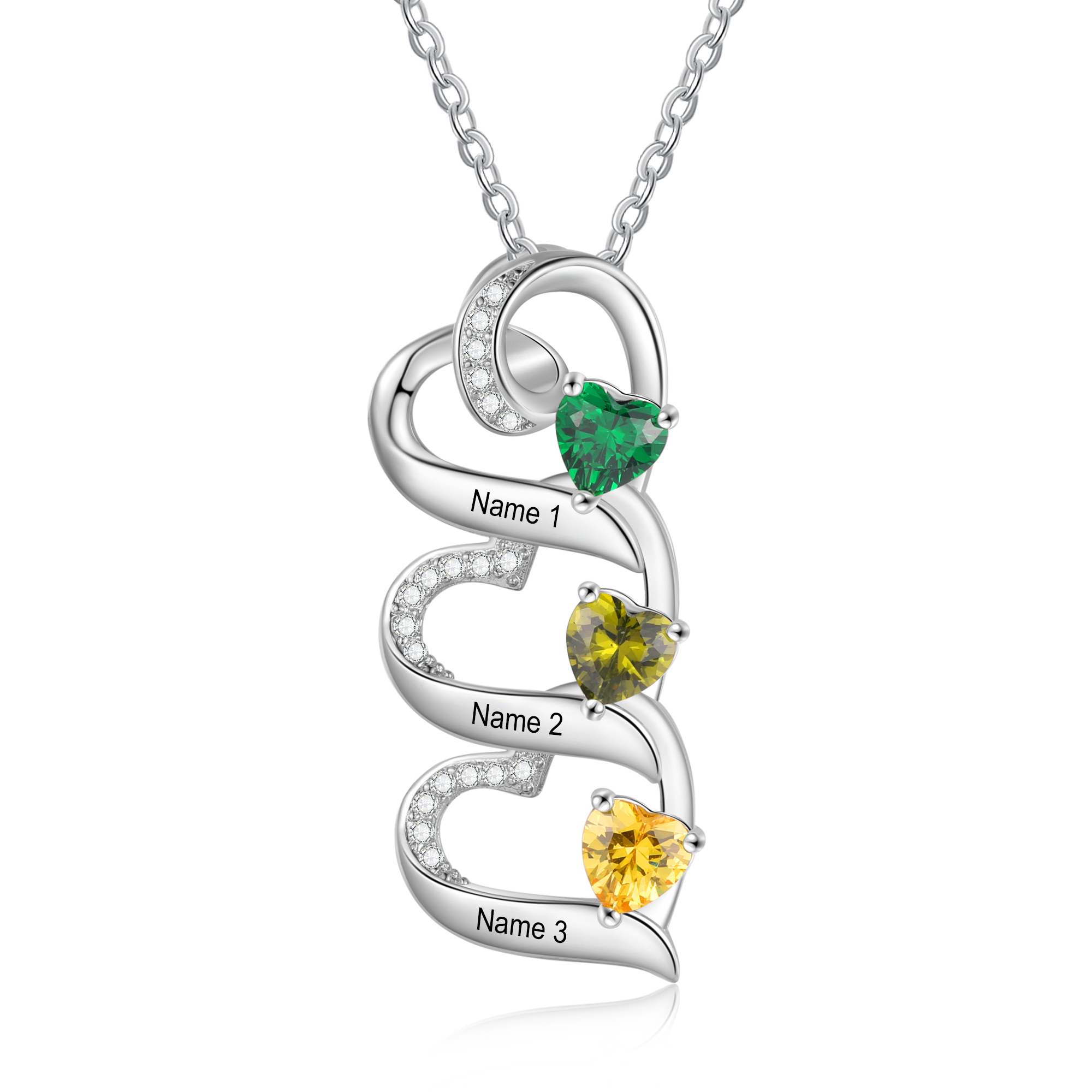 3 Names-Personalized Hearts Necklace Custom Birthstone Necklace Engraved Names Special Gifts for Her