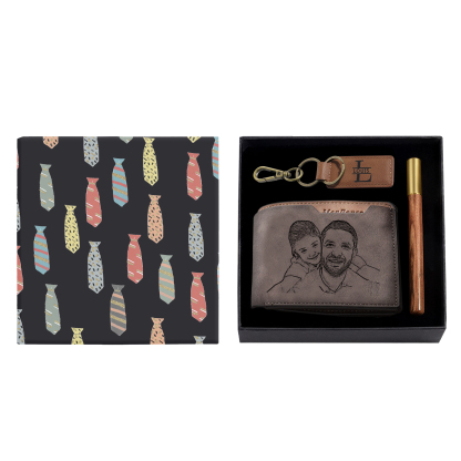 Personalized Leather Wallet Gift Box Set with Letter Name Keychain Customizable Photo and Text Wallet Gift for Him