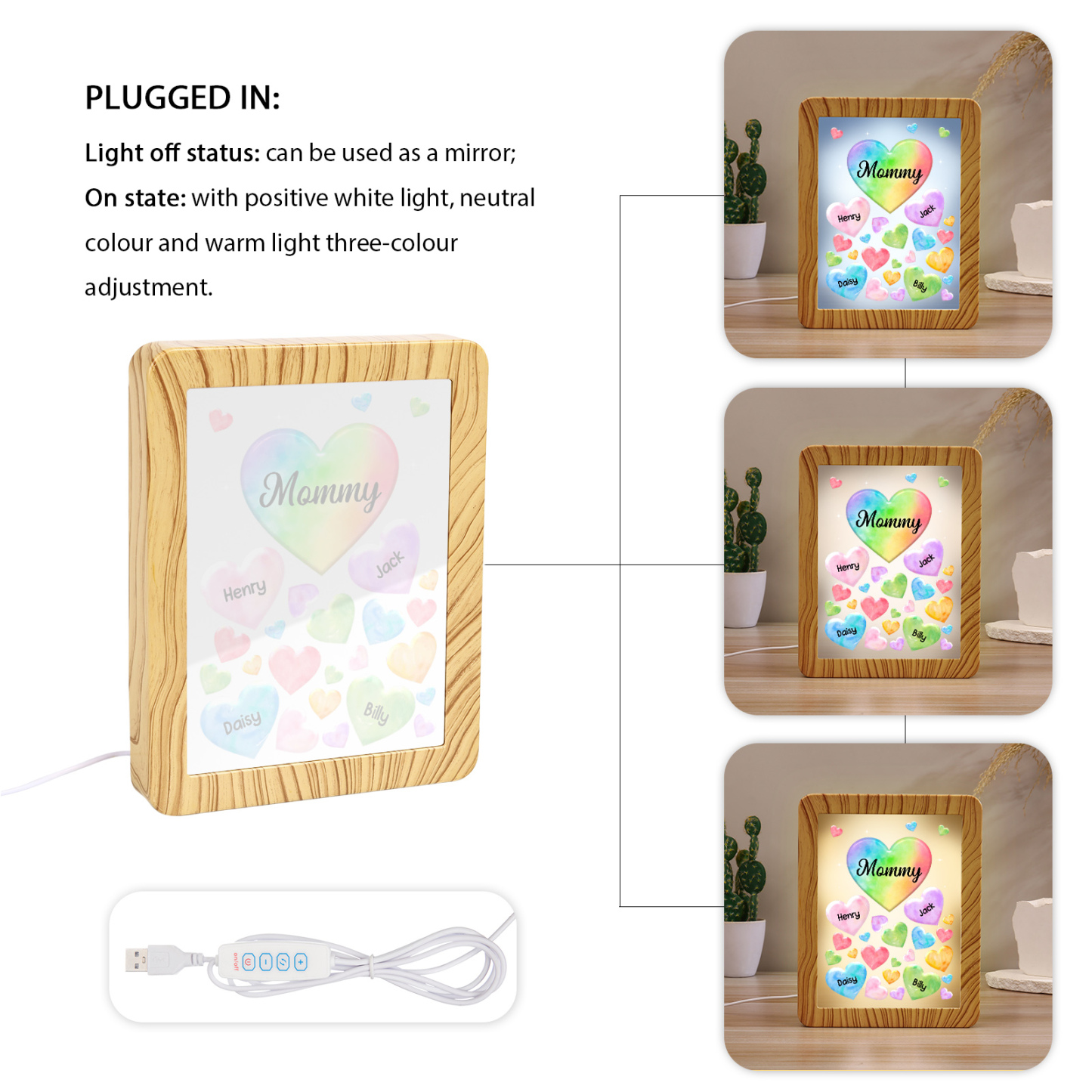 4 Names - Personalized Mom Home Wood Color Plug-in Mirror Photo Frame Custom Text LED Night Light Gift for Mom